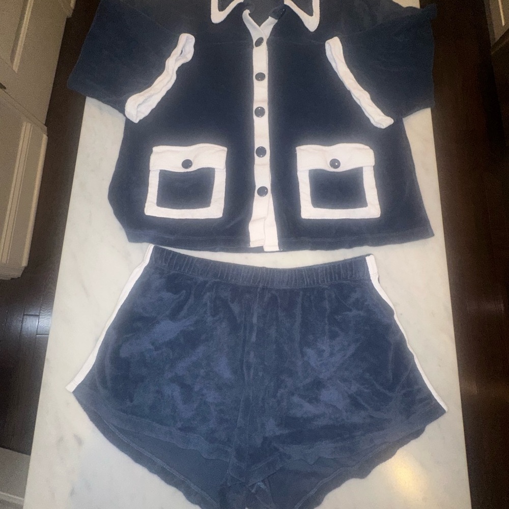 LAKE Atlantic Pacific Navy and White Button-Up Terry Set Clara Terry Shorts Set